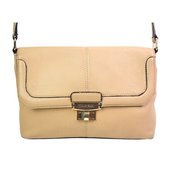 Calvin Klein Handbags - Calvin Klein BEIGE REAL LEATHER FLAP TURN LOCK X-BODY SHOULDER BAG HANDBAG PURSE